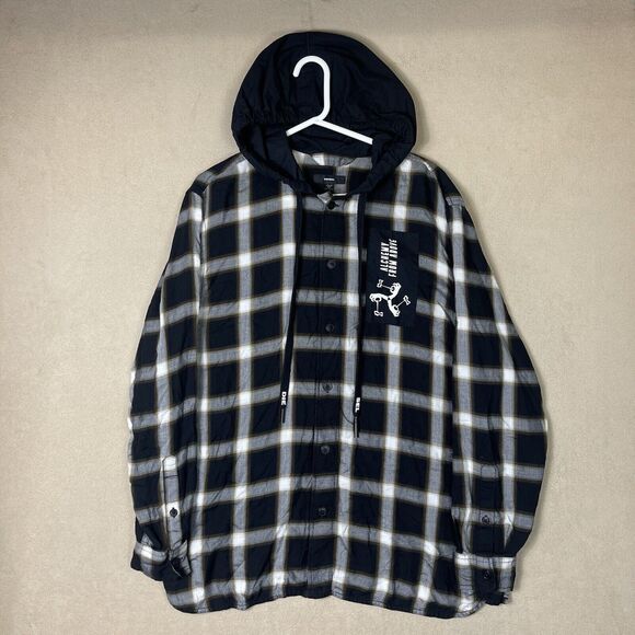 Diesel Shirt Mens Large Black Plaid Hooded Dovin Long Sleeve Casual Preppy Adult